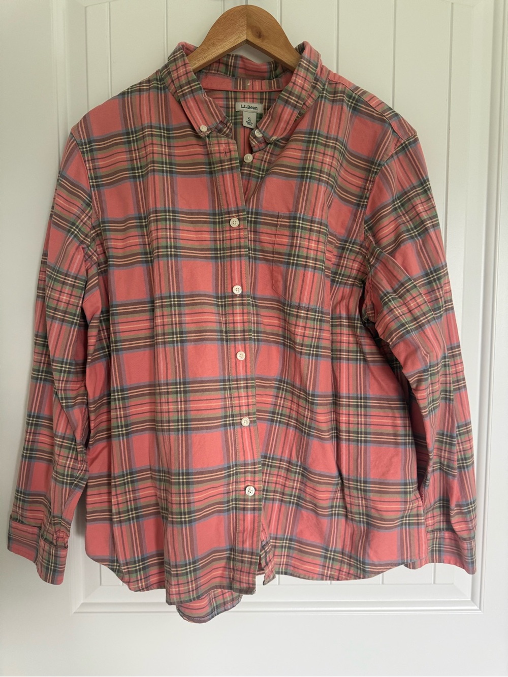L.L. Bean Plaid Button Down Shirt XL Pink Coral Long Sleeve Cotton Blouse Top